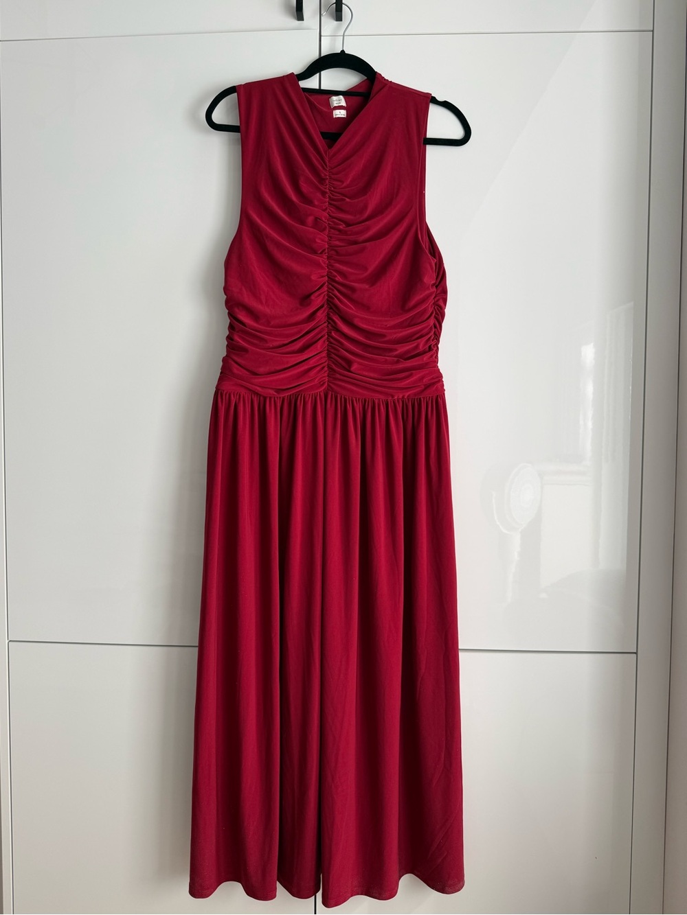 Ruched Sleeveless Midi Dress in Ruby Red